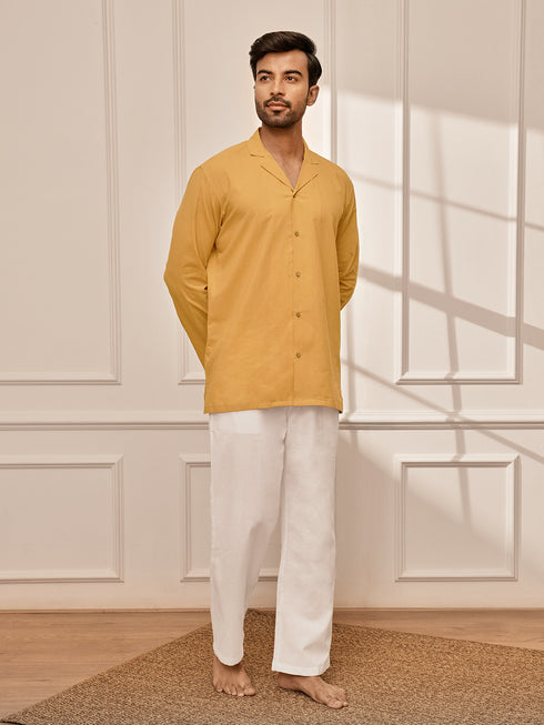 Men's Mustard Premium Cotton Kurta With White Palazzo Set