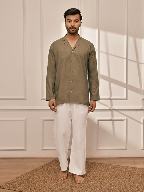 Men's Mehendi Green Premium Cotton Kurta With White Palazzo Set