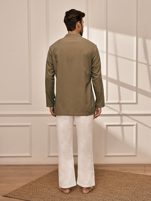 Men's Mehendi Green Premium Cotton Kurta With White Palazzo Set