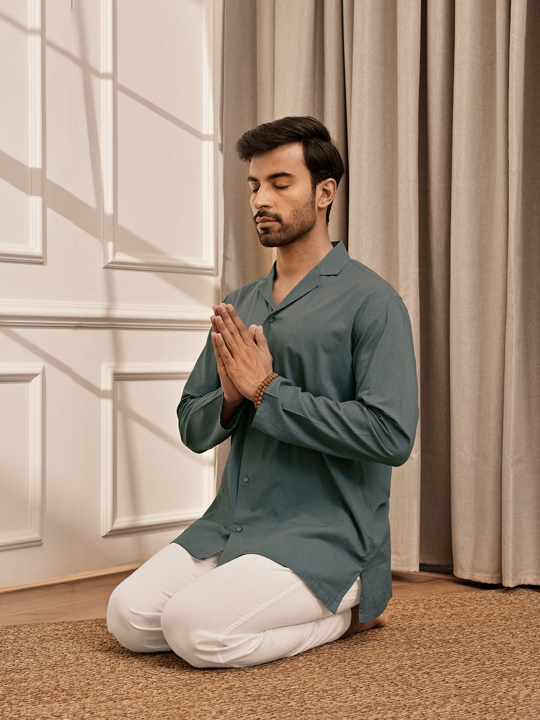 Men Sage Green Cambric Cotton Full Sleeve Yoga Kurta