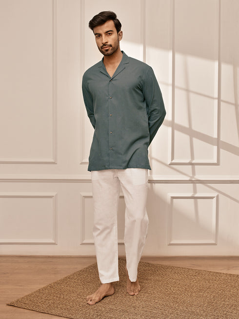 Men's Sage Green Premium Cotton Kurta With White Palazzo Set