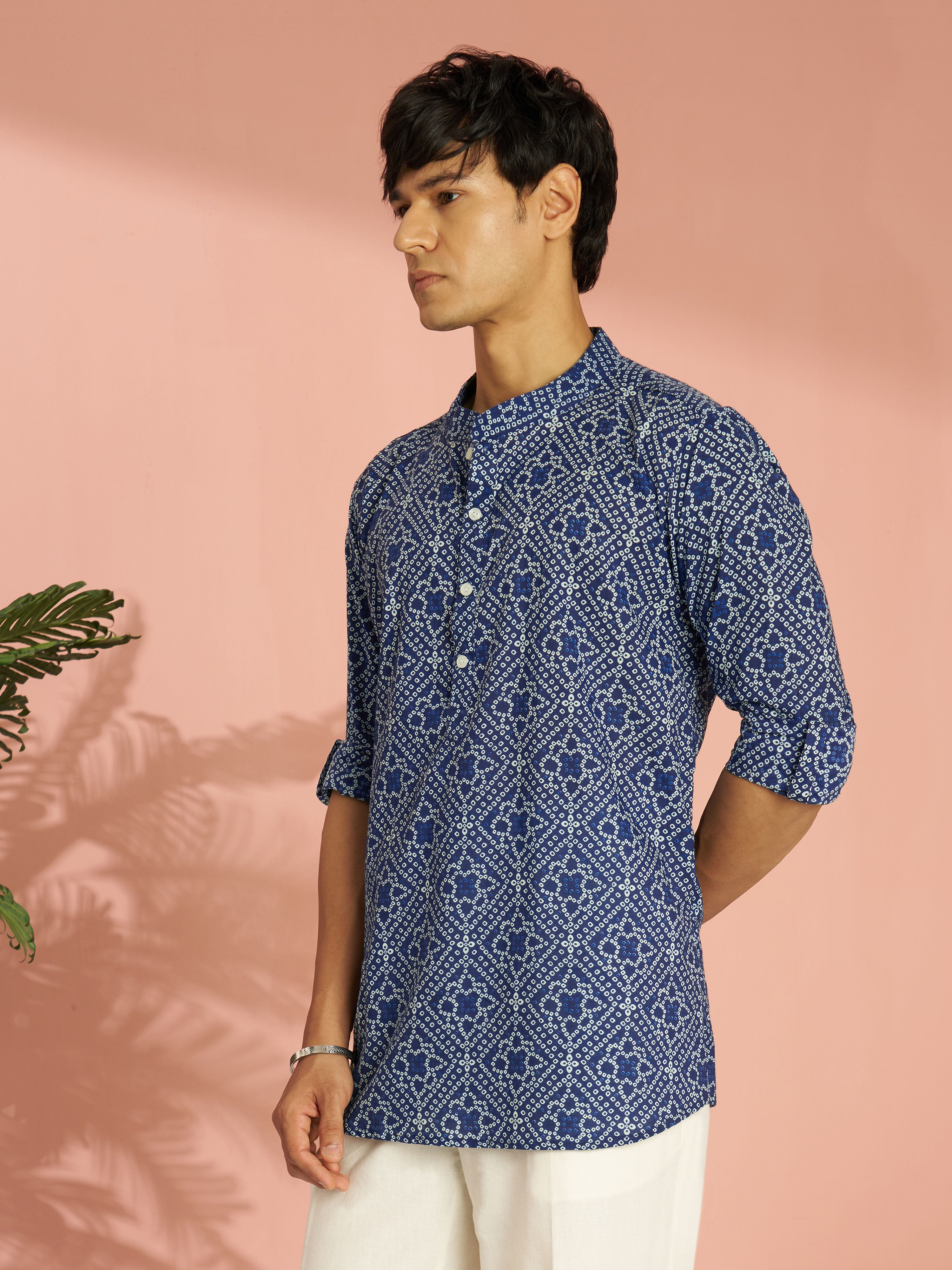 Men Blue Bandhani Print Cotton Short Kurta | Band Collar Summer Casual Ethnic Wear