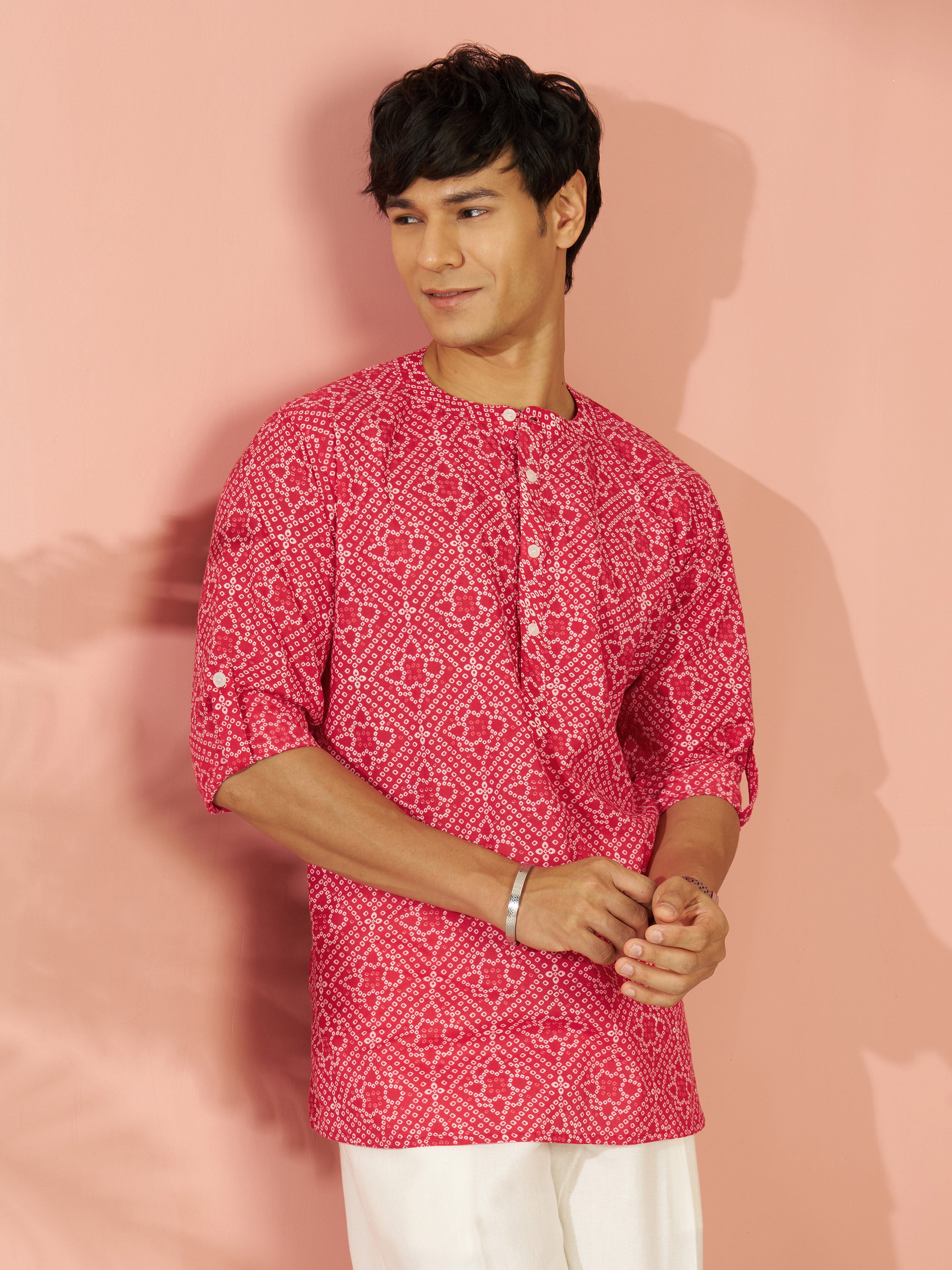Men's Red Bandhani Flower Print Cotton Cambric Short Kurta