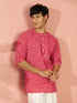 Men's Red Bandhani Flower Print Cotton Cambric Short Kurta