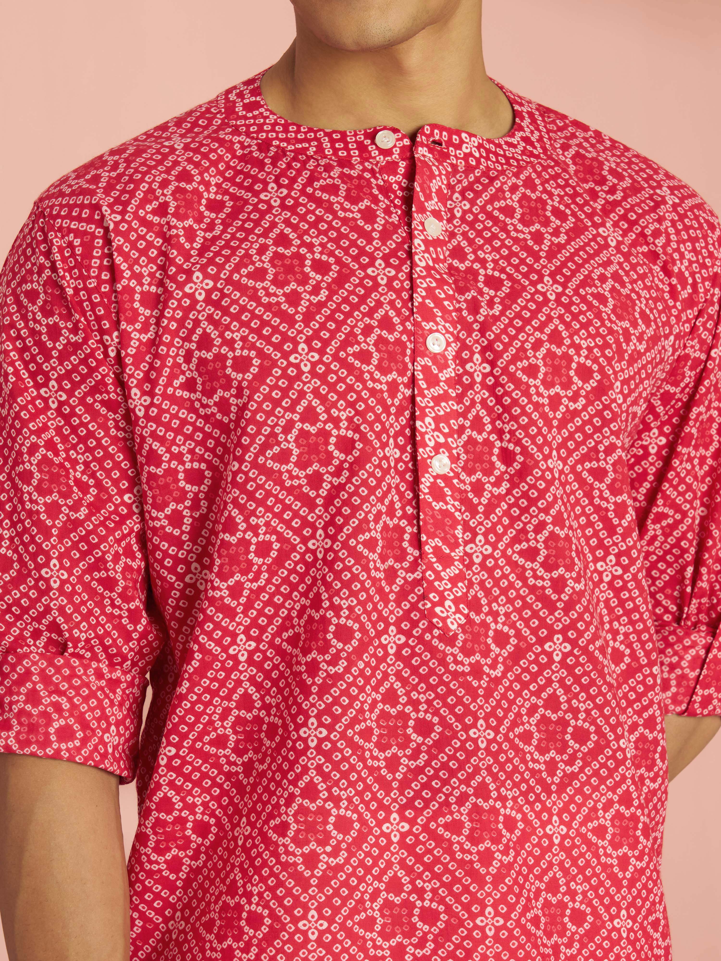 Men's Red Bandhani Flower Print Cotton Cambric Short Kurta