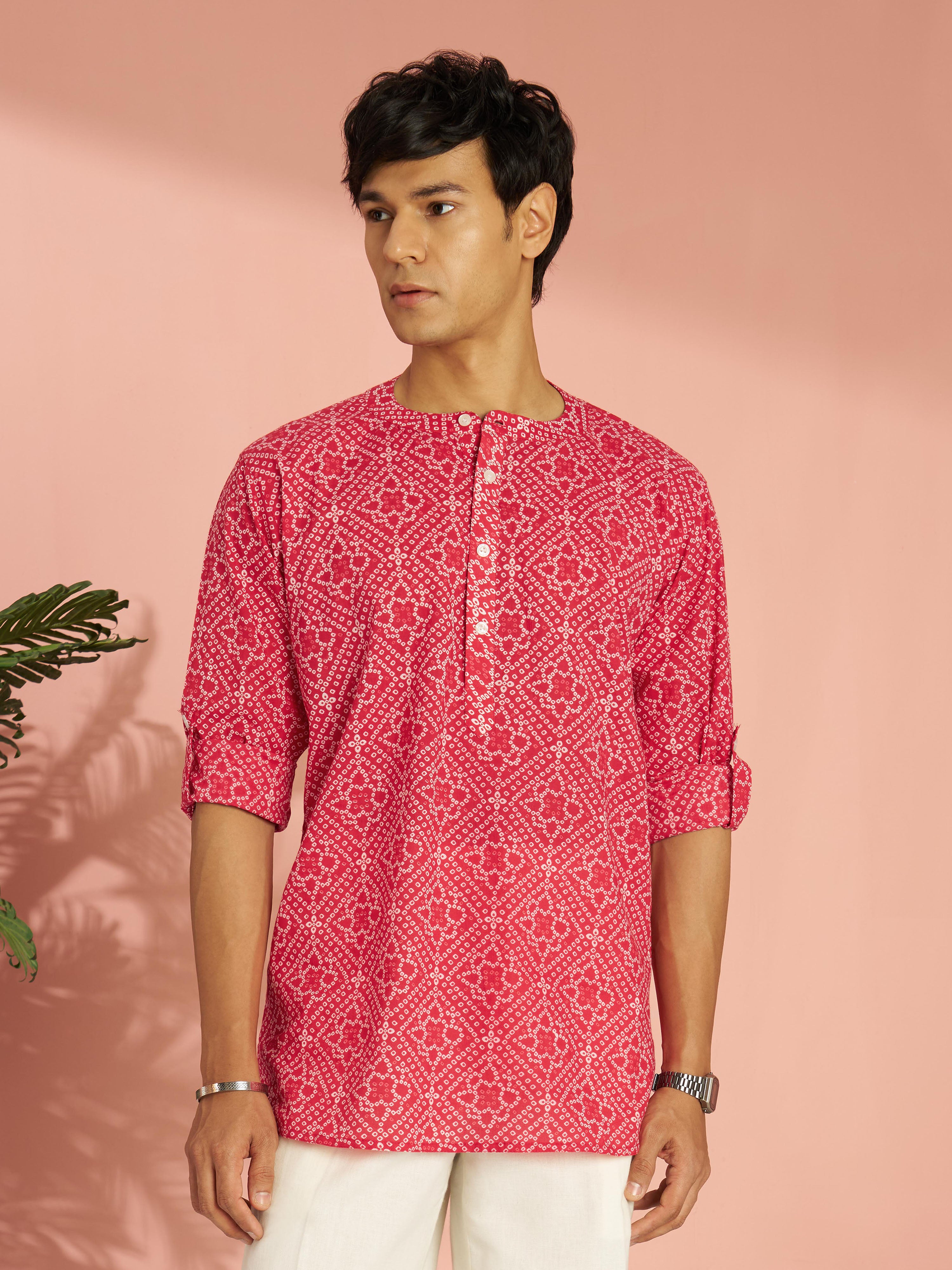 Men's Red Bandhani Flower Print Cotton Cambric Short Kurta