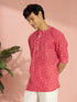 Men's Red Bandhani Flower Print Cotton Cambric Short Kurta