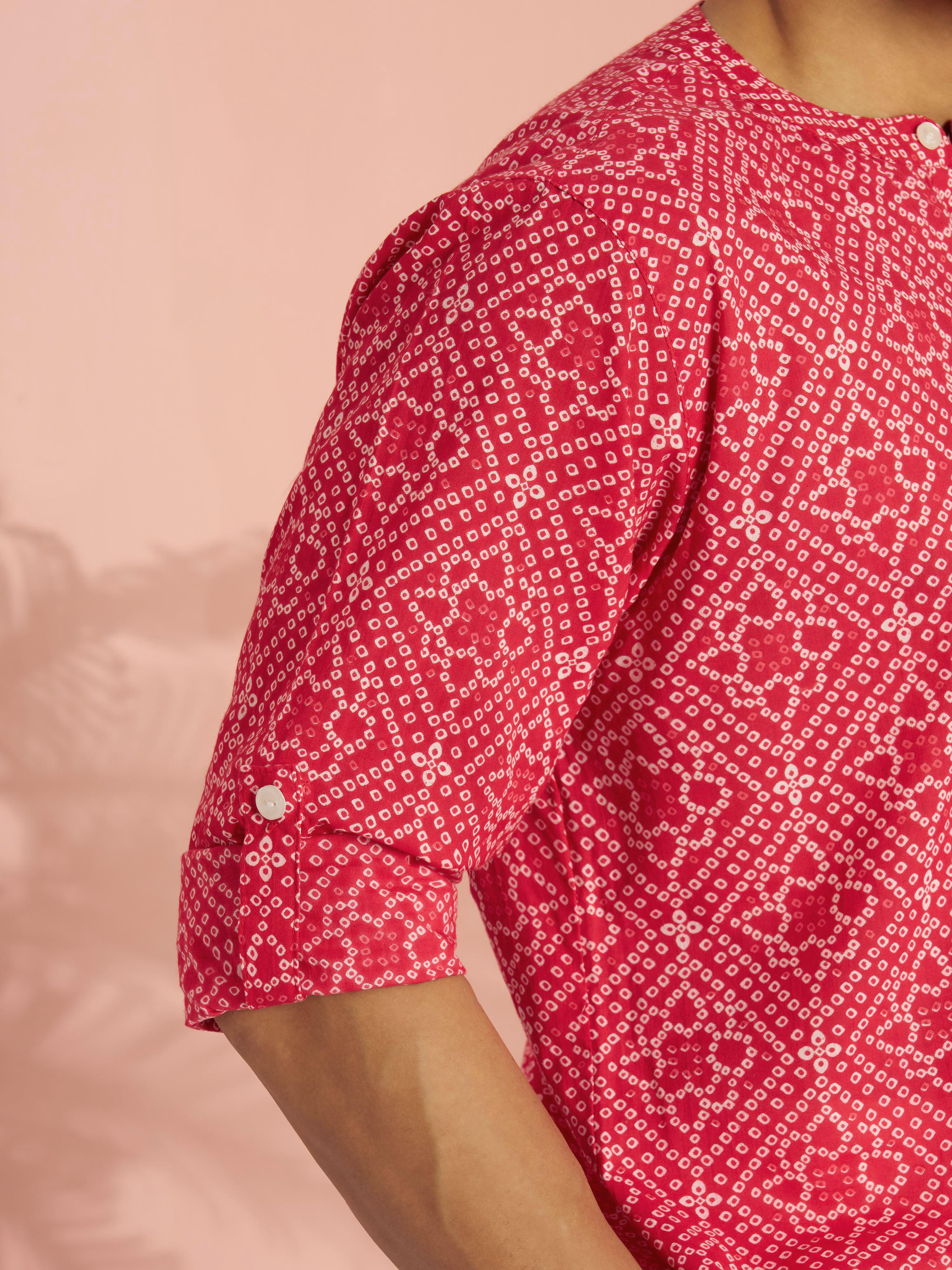 Men's Red Bandhani Flower Print Cotton Cambric Short Kurta