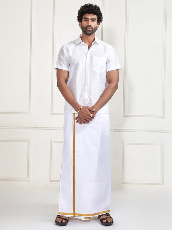 Men's White Silk Blend Shirt And Mundu Set