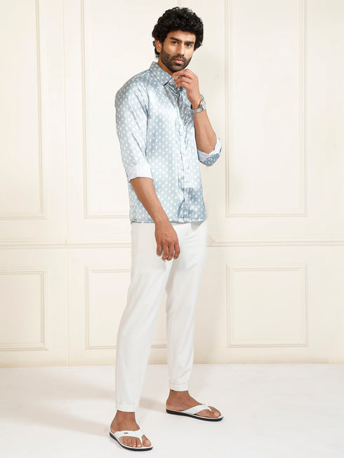 Men's Grey And White Satin Ethnic Shirt