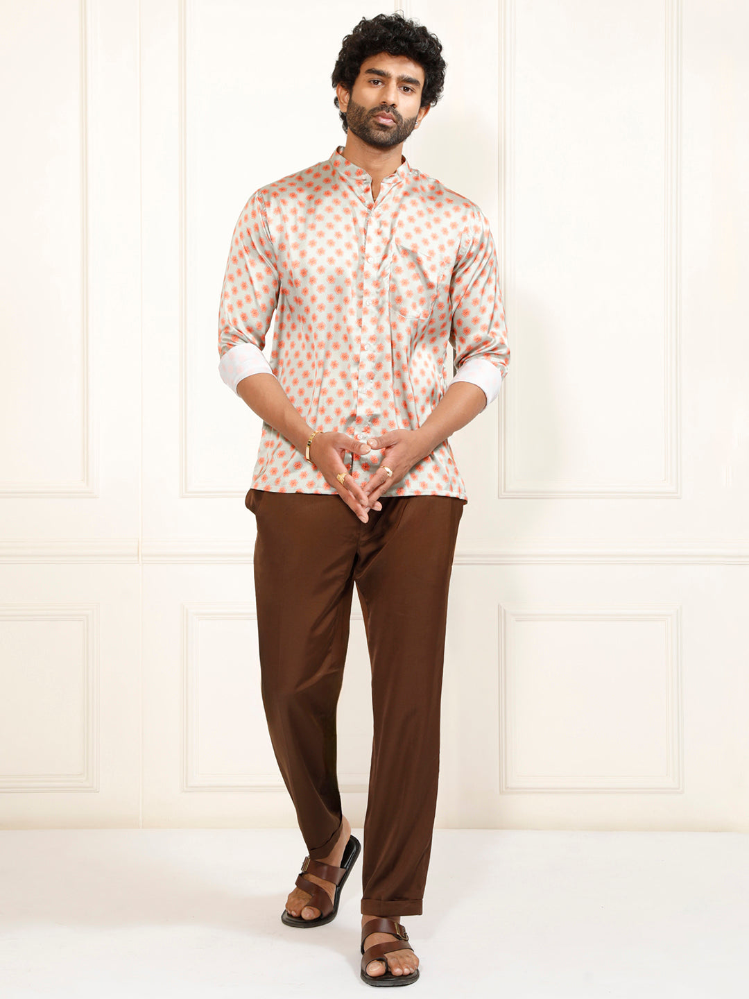 Men's Multicolored-Base-Mint Satin Ethnic Shirt