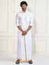 Men's White Silk Blend Shirt And Mundu Set