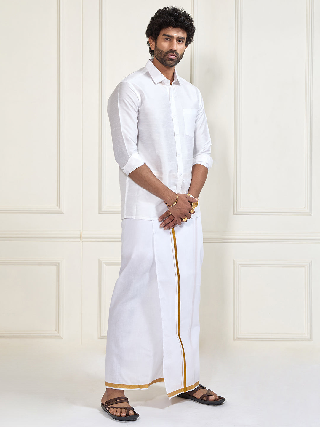 Men's White Silk Blend Shirt And Mundu Set