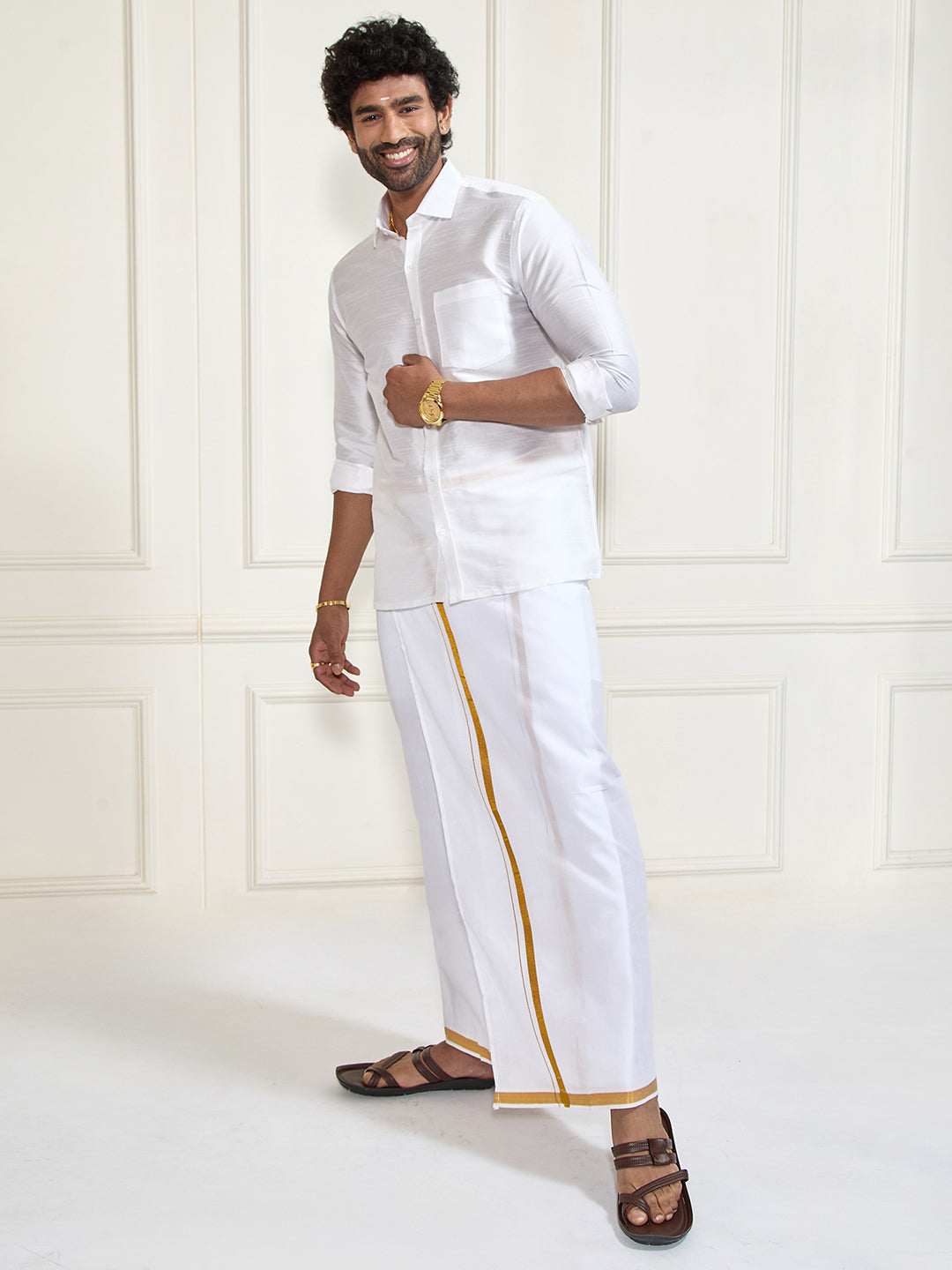 Men's White Silk Blend Shirt And Mundu Set