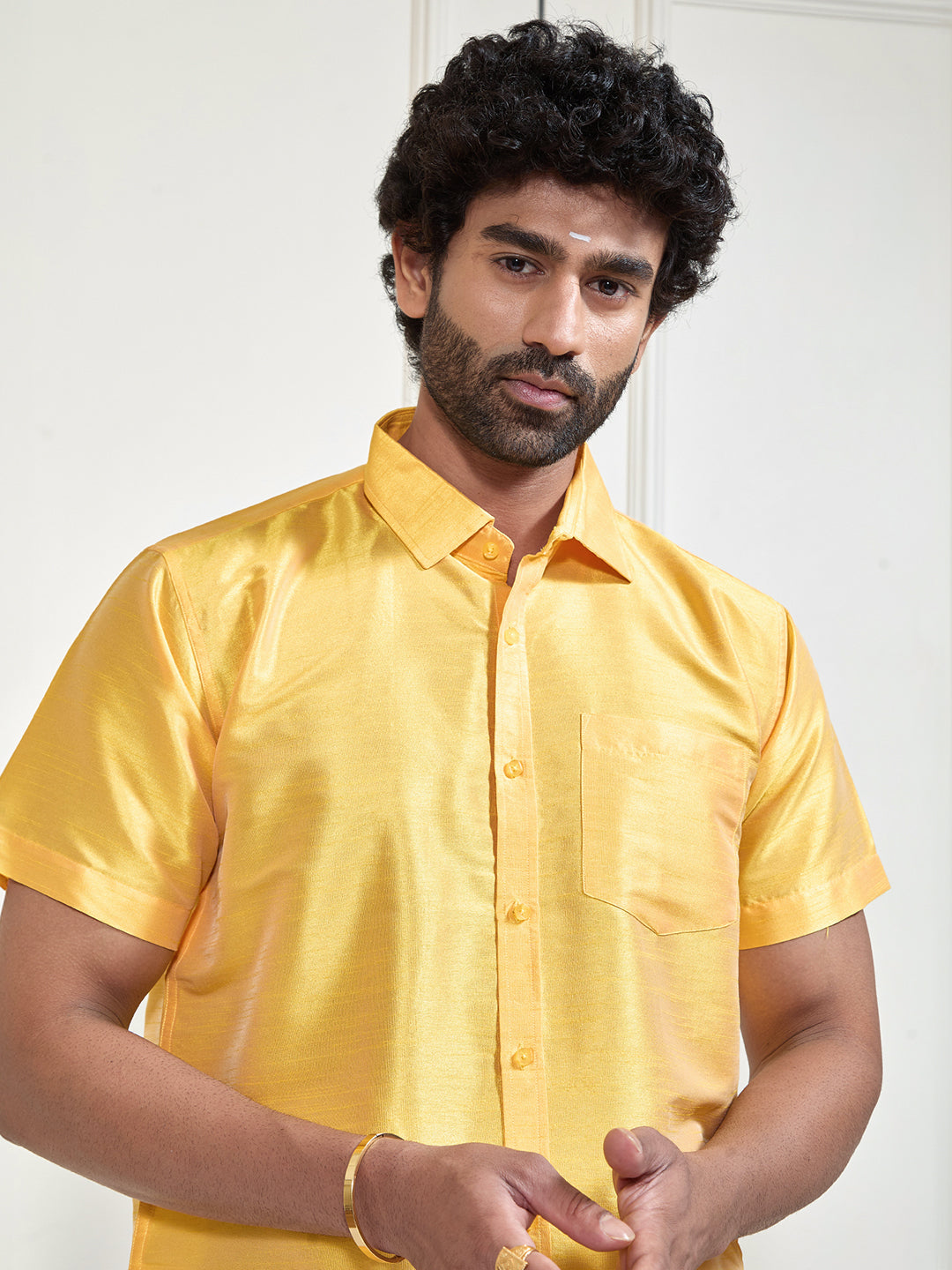 Men's Yellow And White Silk Blend Shirt And Mundu Set