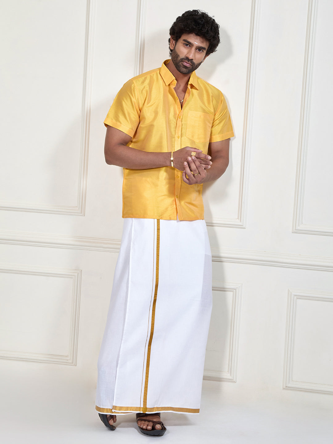 Men's Yellow And White Silk Blend Shirt And Mundu Set