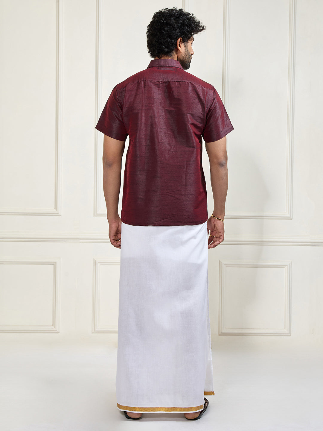 Men's Wine And White Silk Blend Shirt And Mundu Set