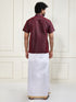 Men's Wine And White Silk Blend Shirt And Mundu Set