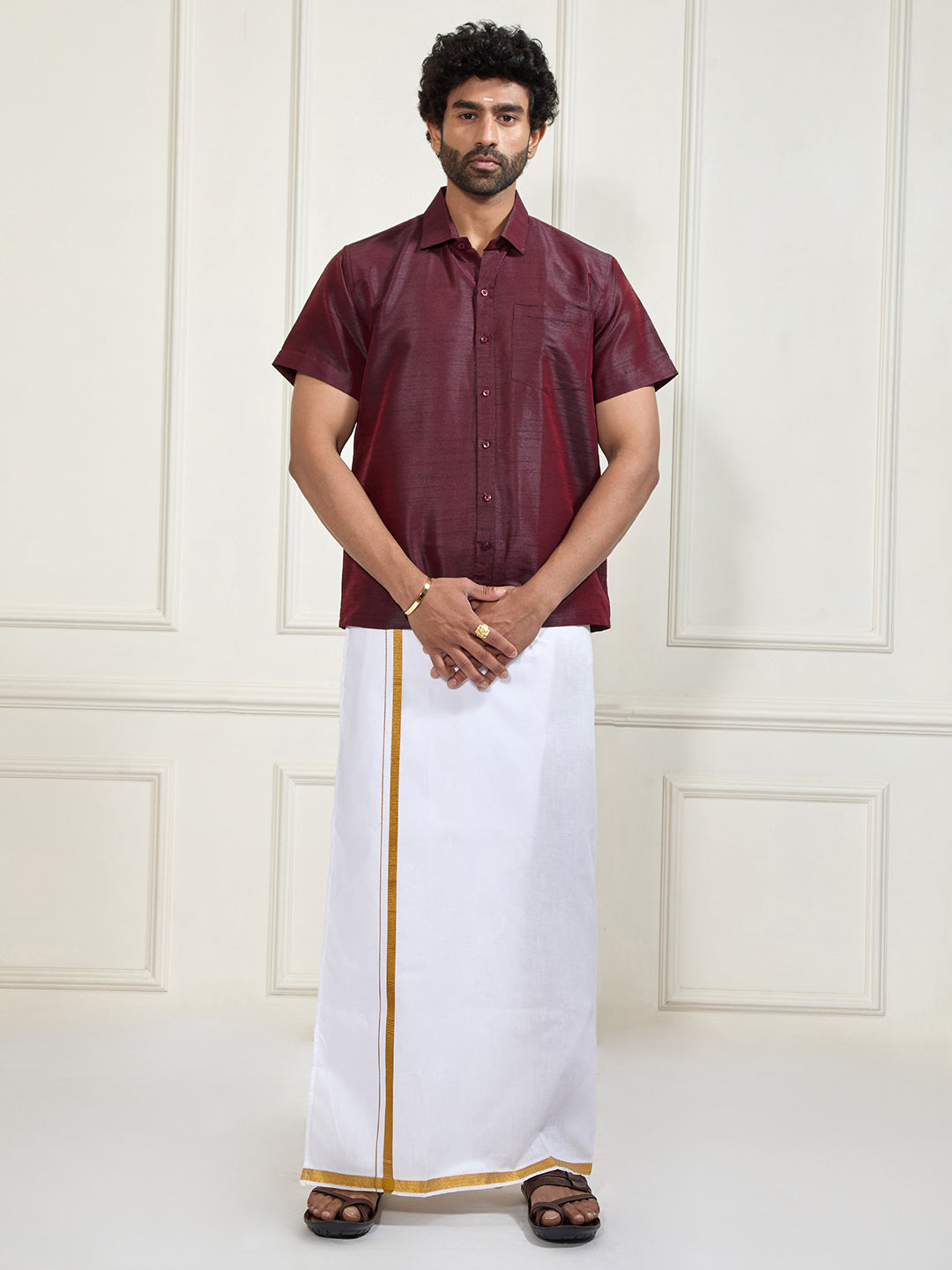 Men's Wine And White Silk Blend Shirt And Mundu Set