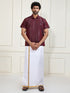 Men's Wine And White Silk Blend Shirt And Mundu Set
