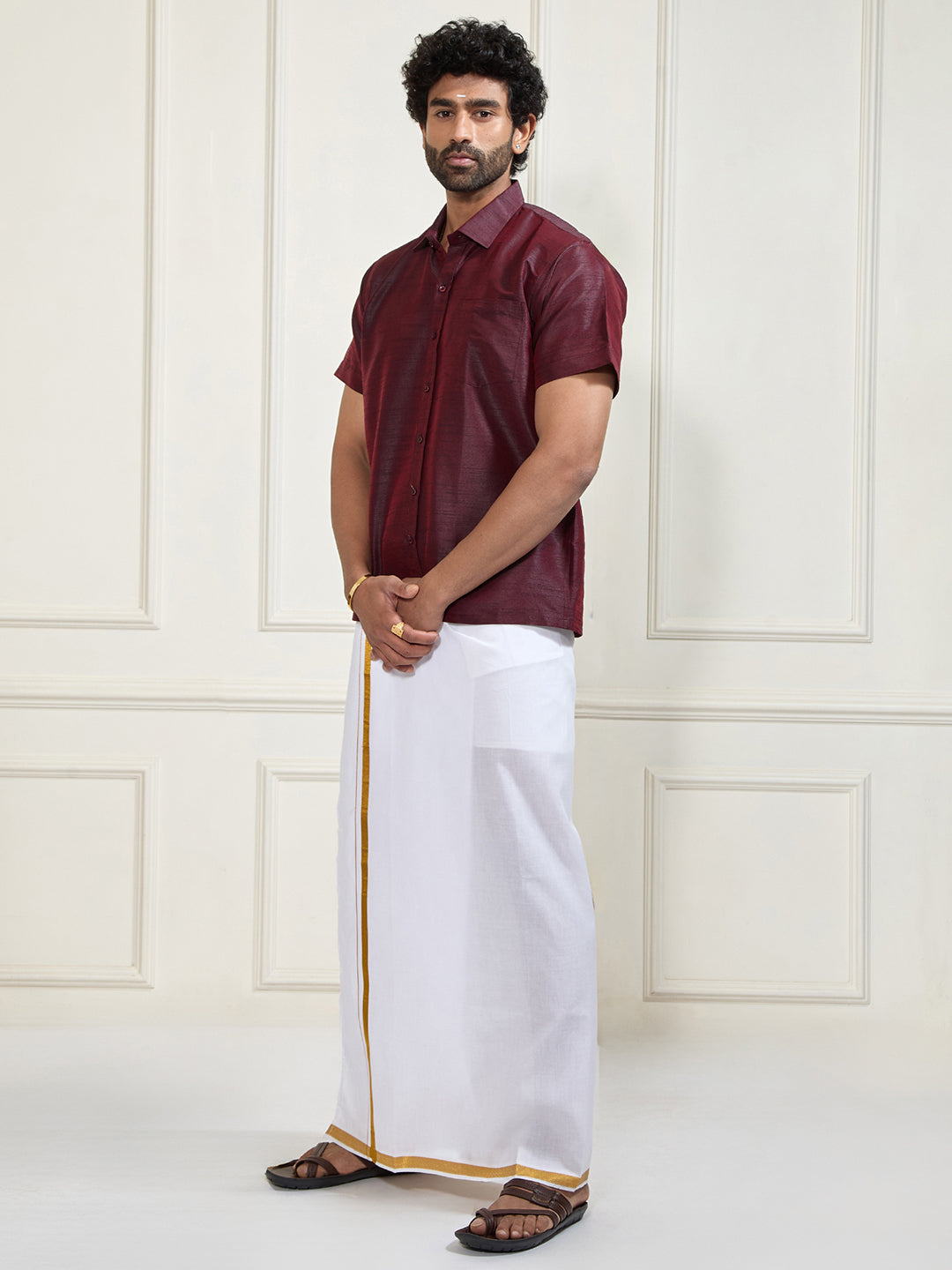 Men's Wine And White Silk Blend Shirt And Mundu Set