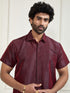 Men's Wine And White Silk Blend Shirt And Mundu Set