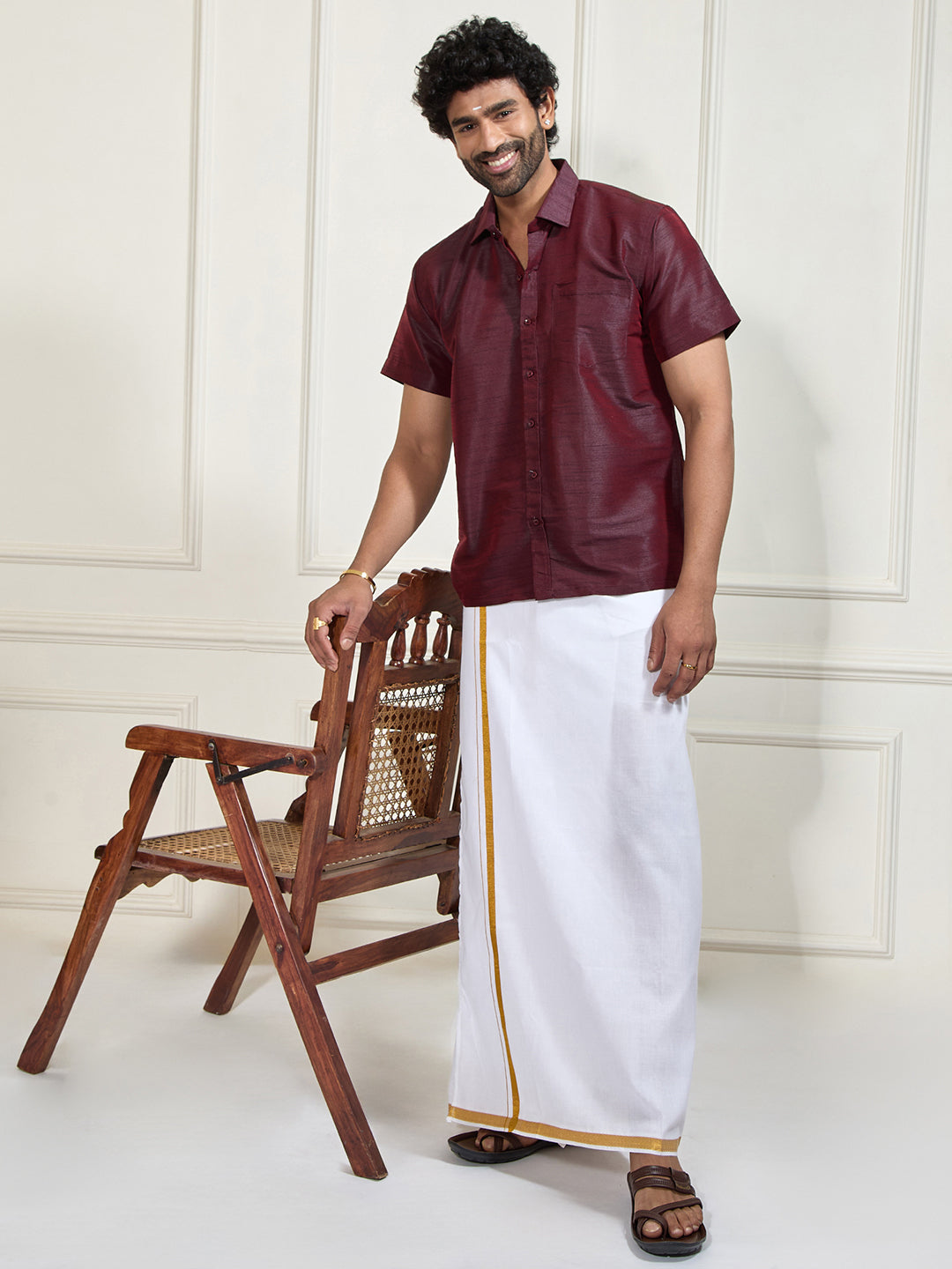 Men's Wine And White Silk Blend Shirt And Mundu Set