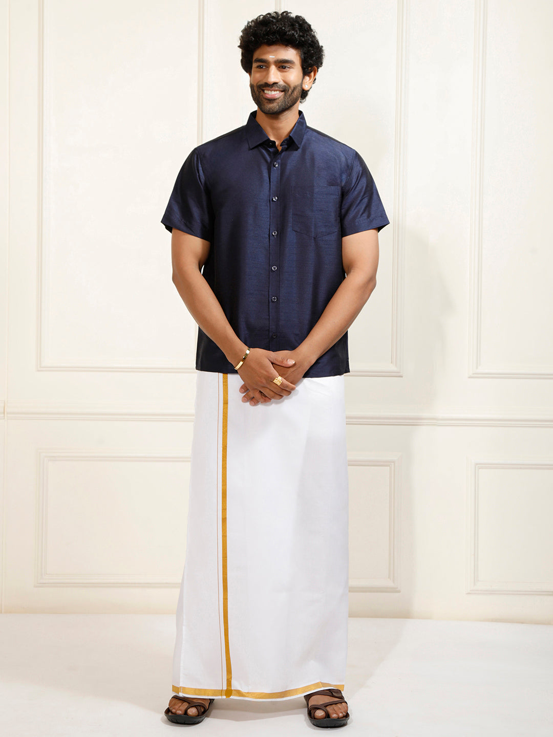 Men's Navy Blue Silk Blend Shirt And Mundu