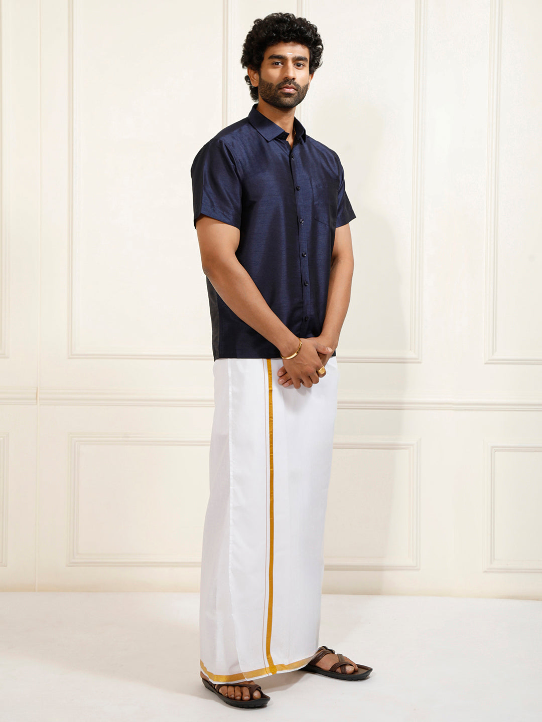 Men's Navy Blue Silk Blend Shirt And Mundu