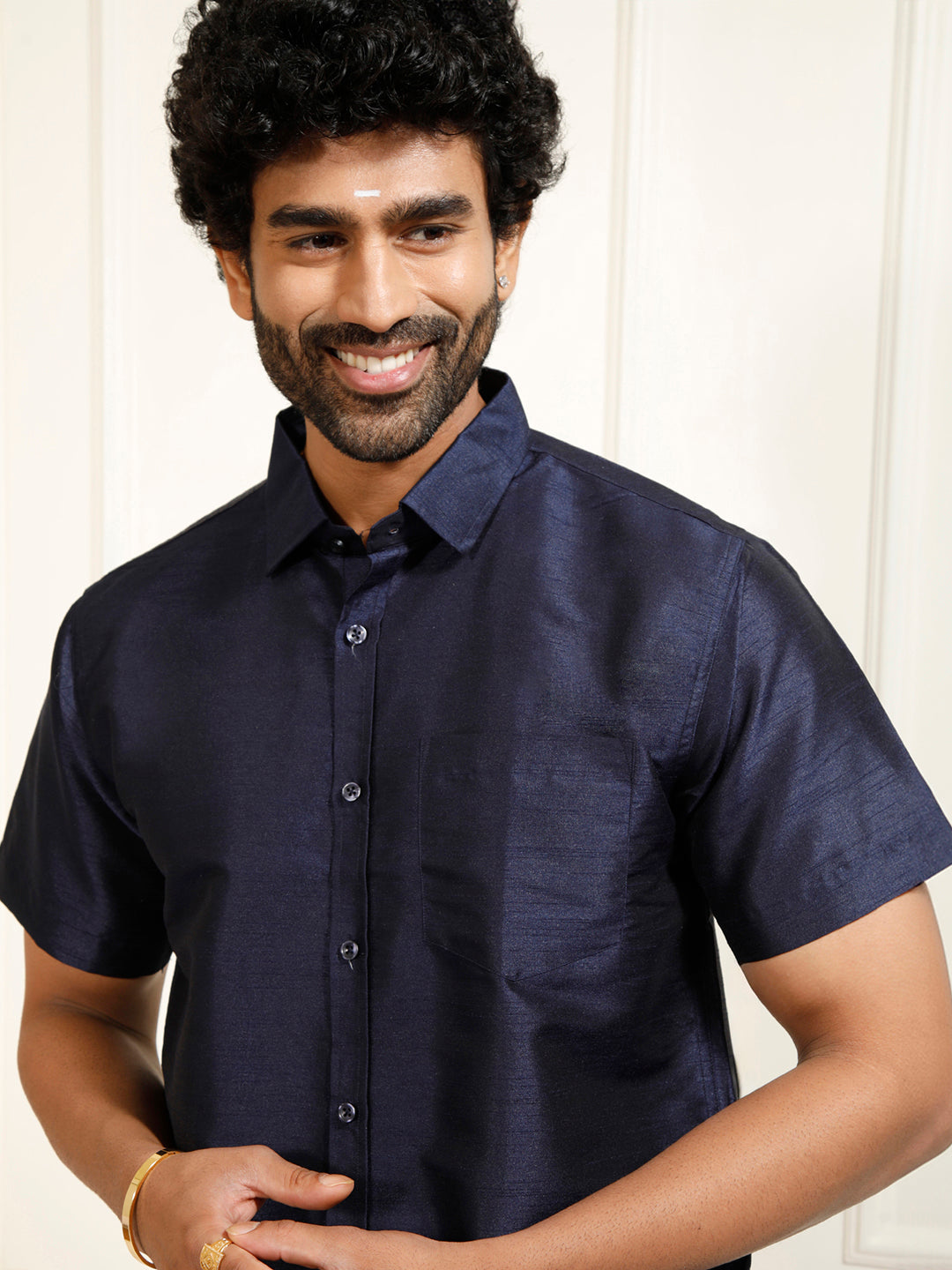 Men's Navy Blue Silk Blend Shirt And Mundu