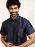 Men's Navy Blue Silk Blend Shirt And Mundu