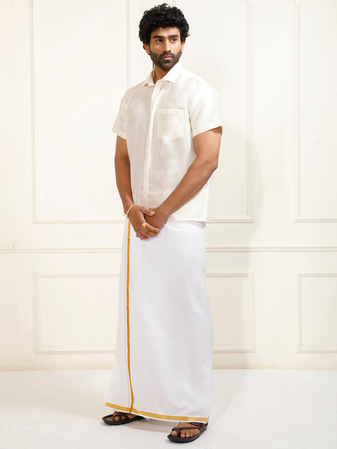 Men's Cream And White Silk Blend Shirt And Mundu Set