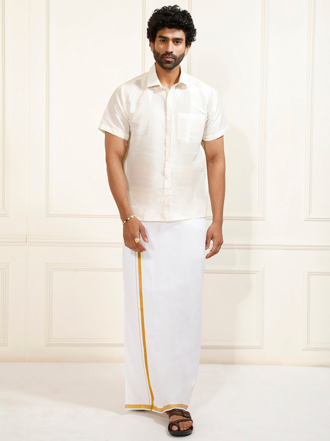 Men's Cream And White Silk Blend Shirt And Mundu Set