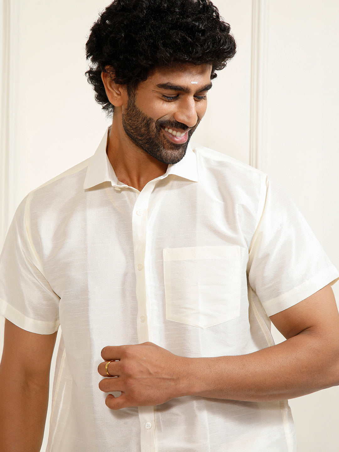 Men's Cream And White Silk Blend Shirt And Mundu Set