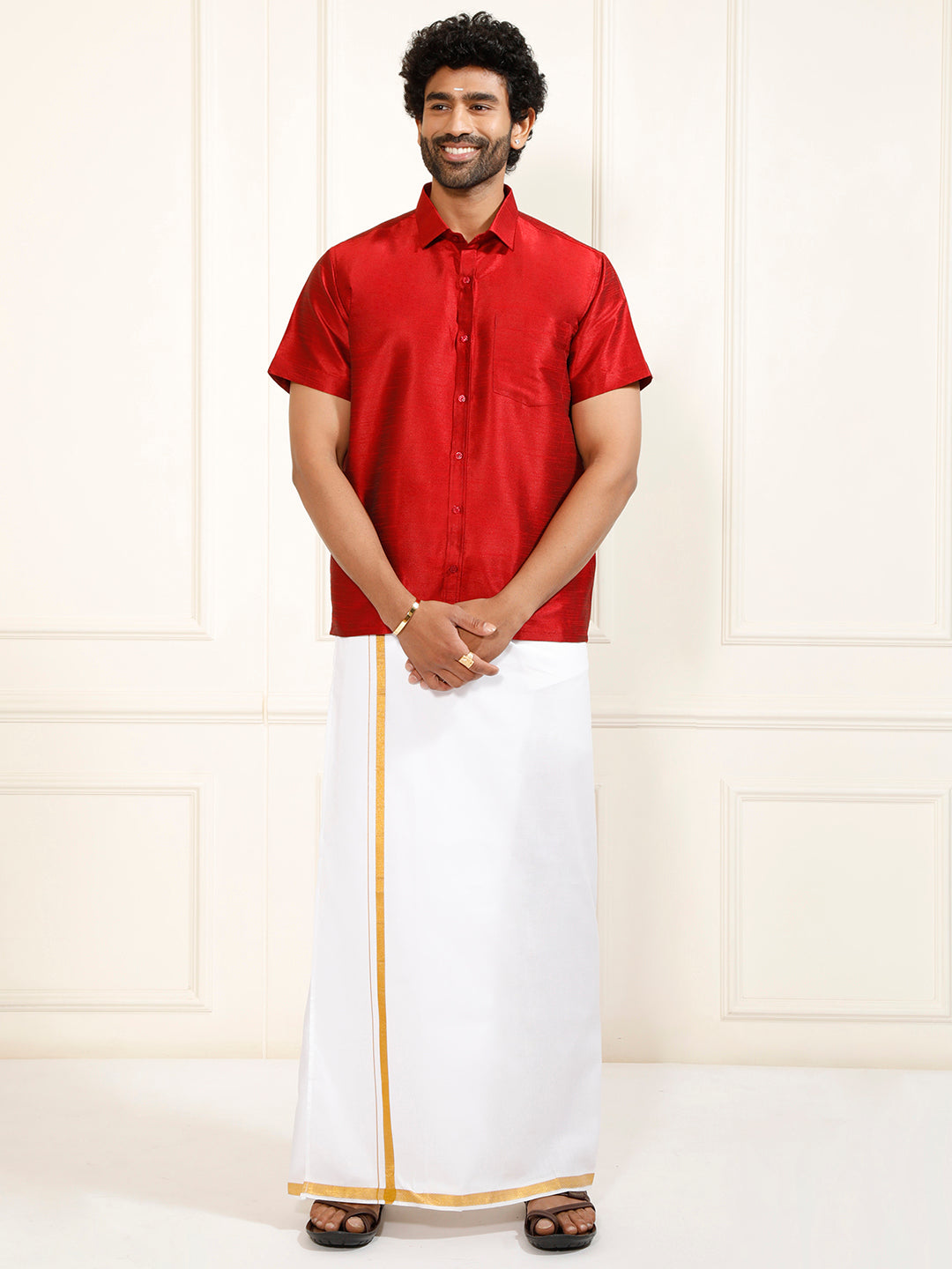 Men's Maroon Silk Blend Shirt And Mundu