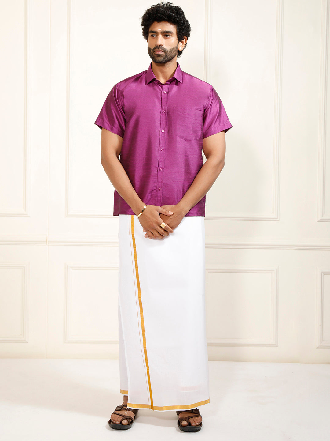 Men's Purple Silk Blend Shirt And Mundu
