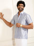 Men's Bluish White Silk Blend Shirt And Mundu