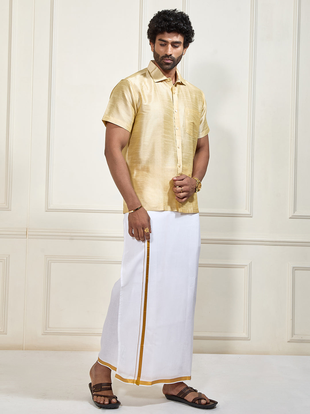 Men's Gold Silk Blend Shirt And Mundu