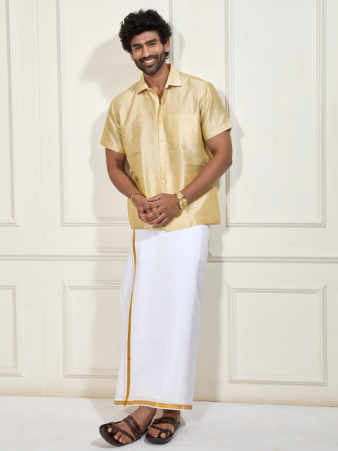 Men's Gold Silk Blend Shirt And Mundu