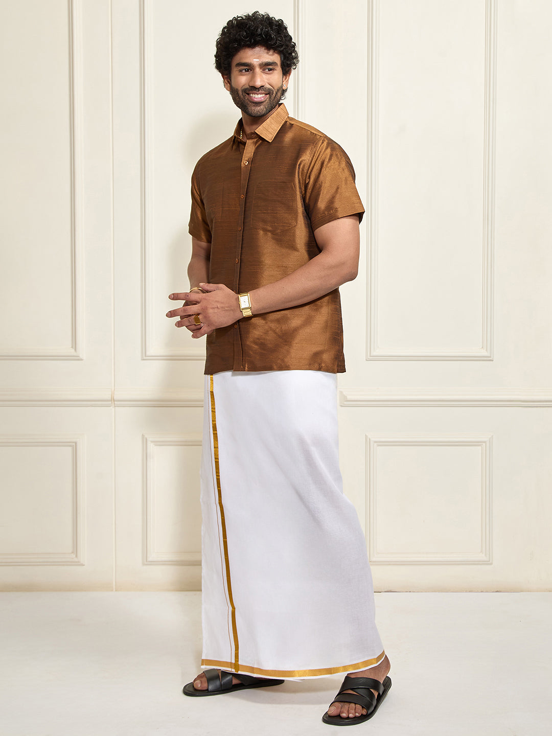 Men's Coffee Silk Blend Shirt And Mundu
