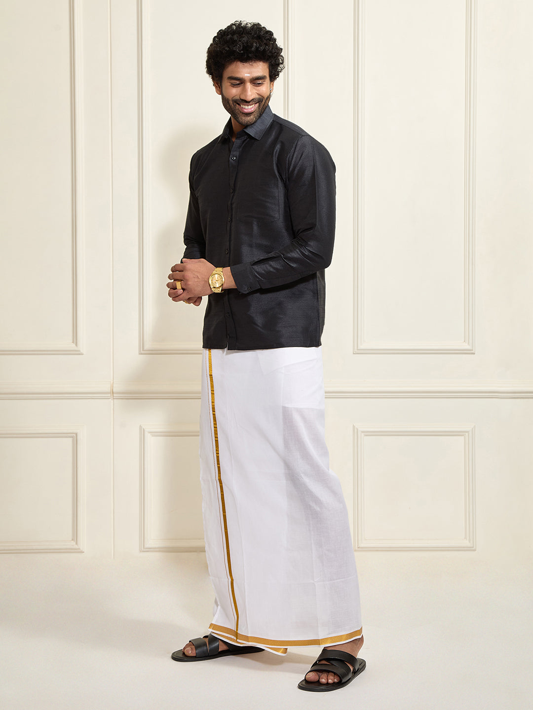 Men's Black Silk Blend Shirt And Mundu