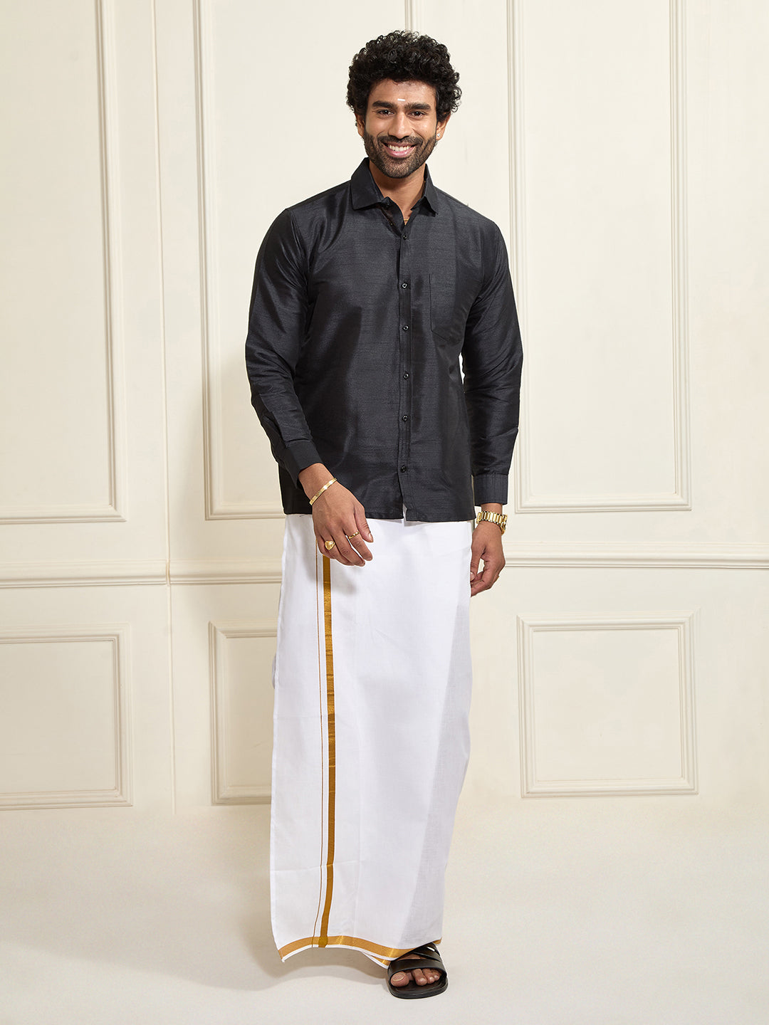 Men's Black Silk Blend Shirt And Mundu