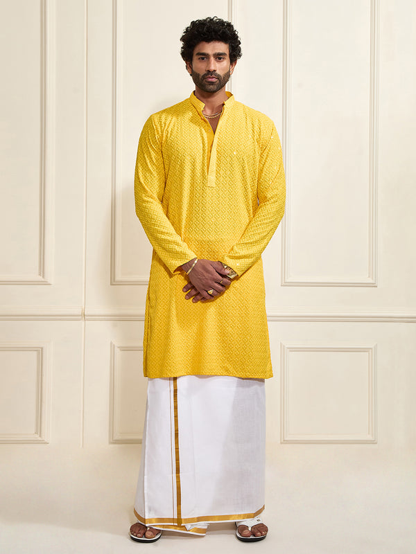 Men's Yellow Rayon Cotton Kurta