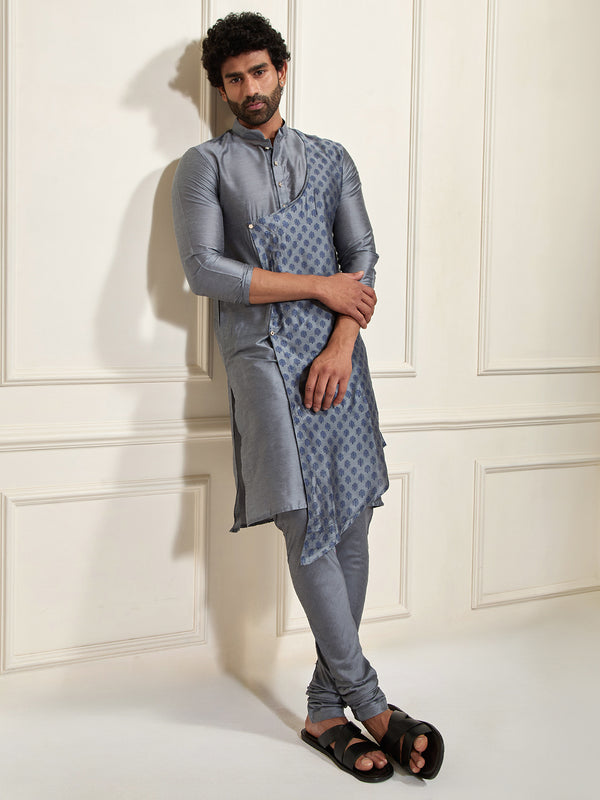 VASTRAMAY Men's Grey Cotton Blend Kurta