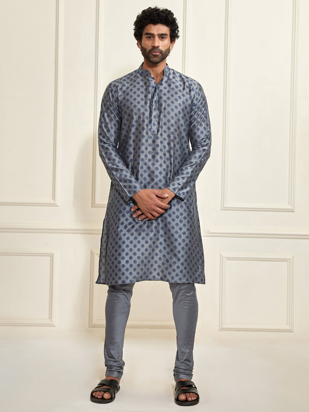 VASTRAMAY Men's Grey Cotton Silk Blend Kurta