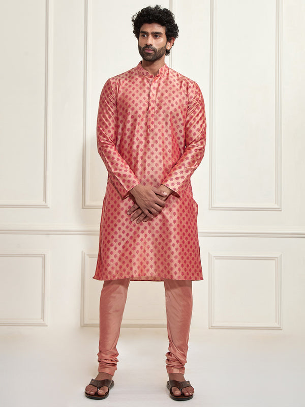 VASTRAMAY Men's Pink Cotton Silk Blend Kurta