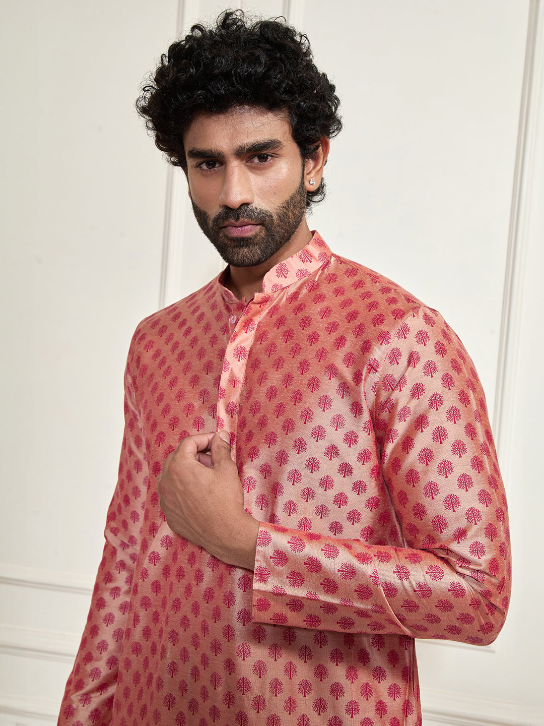 VASTRAMAY Men's Pink Cotton Silk Blend Kurta