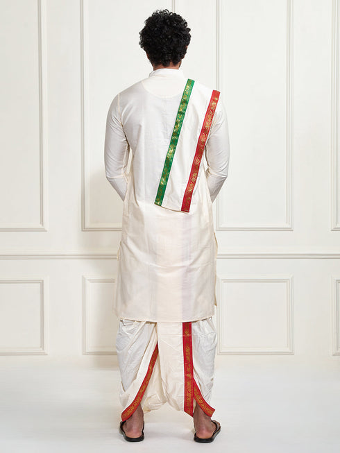 Men's Cream Cotton Blend Kurta Dhoti And Dupatta Set