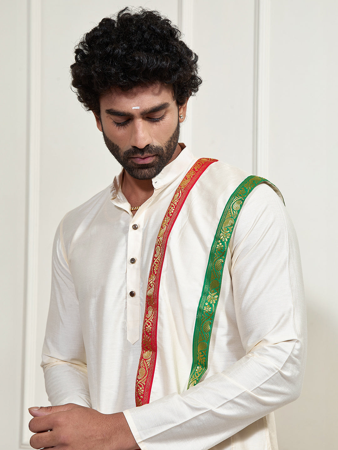 Men's Cream Cotton Blend Kurta Dhoti And Dupatta Set