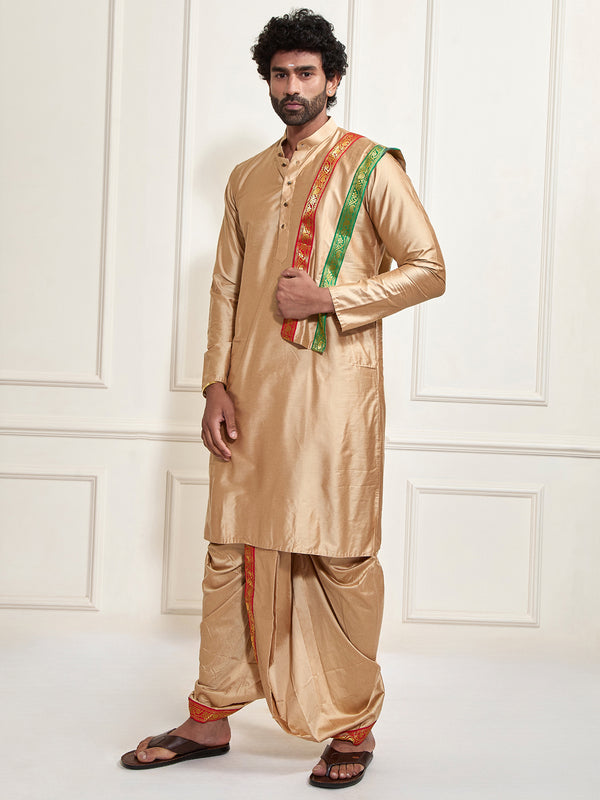 Men's Rose Gold Cotton Blend Kurta Dhoti And Dupatta Set